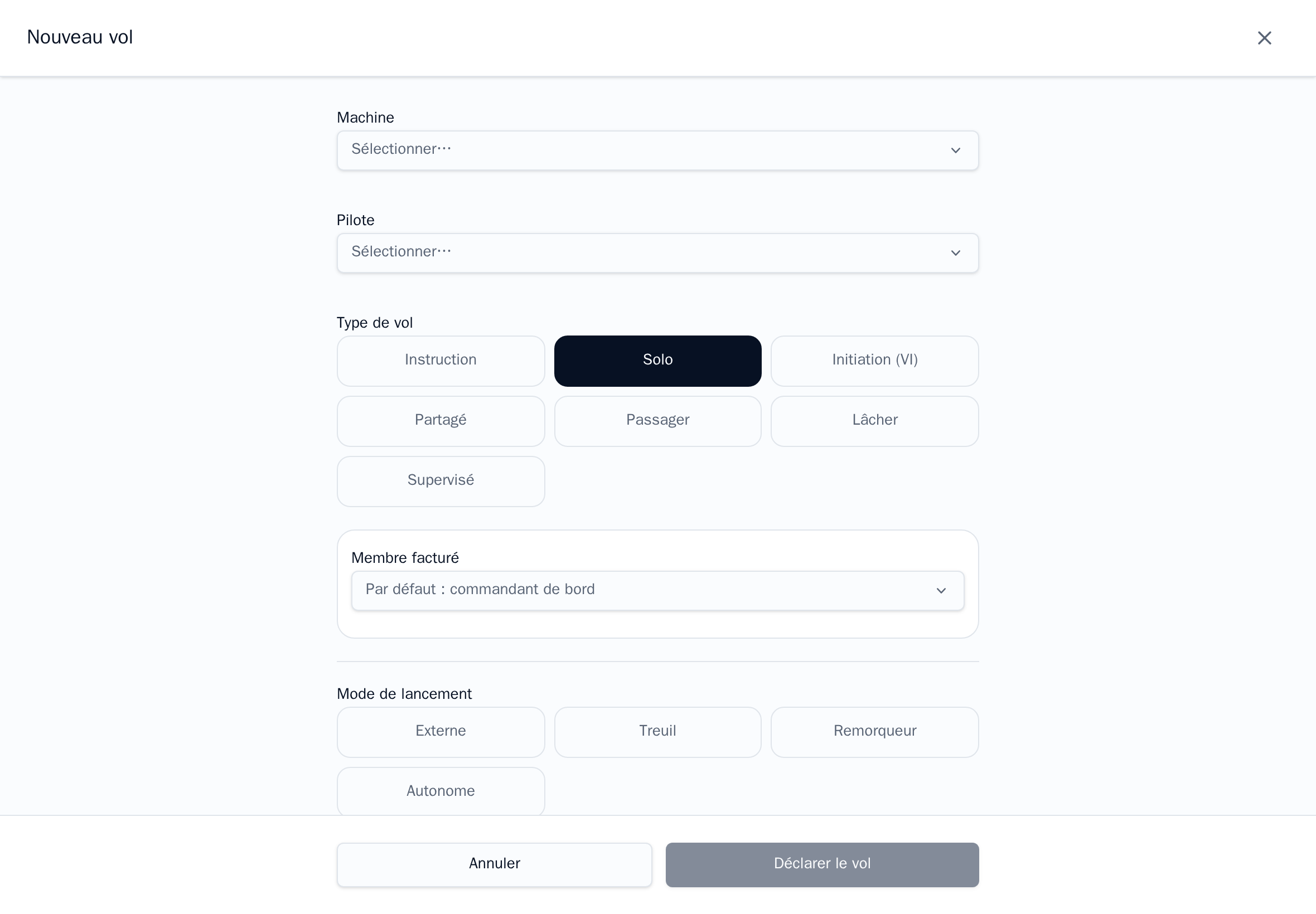 Declaring a flight: flight type, billed member, launch method